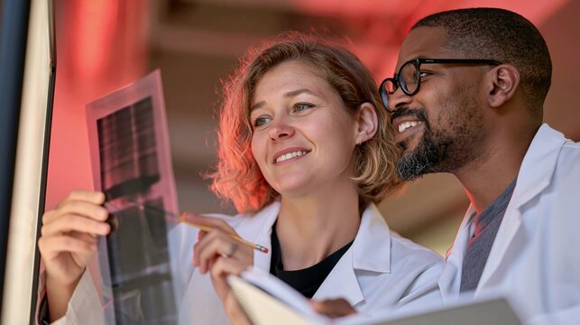 Two Biotechnologists Reviewing Western Blot Results