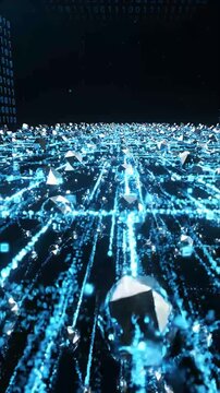 Digital Technology Network Landscape with Glowing Blue Data Stream, Geometric Crystal Fragments, Luminous Particle Connections, Abstract Cybersecurity Visualization, Futuristic Cyber Space