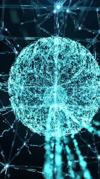 Digital technology network visualization with artificial intelligence, glowing human brain, secure data flow, connected nodes, futuristic cyberspace, cyber security, global communication, innovation