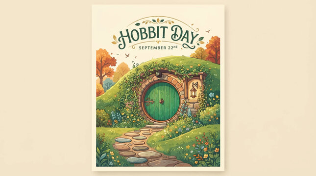 Hobbit Day Greeting Card Design, Fantasy Celebration Aesthetic Print, Whimsical Hill Dwelling with Round Door, Illustration for September 22nd Holiday