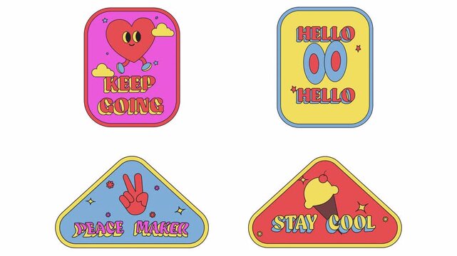 Retro groovy badge stickers with heart, peace sign and ice cream