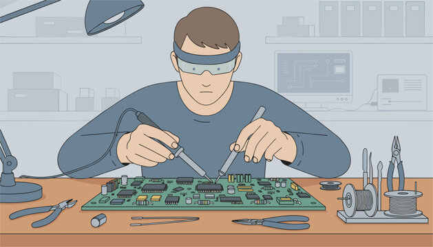 Electronics technician carefully repairs a complex green circuit board using a soldering iron at a tidy workshop.