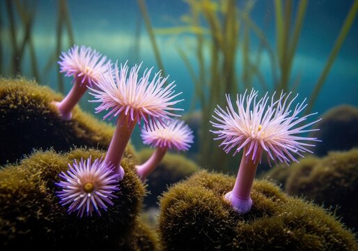 Vibrant Pink Sea Anemones Bloom on Mossy Ocean Floor.