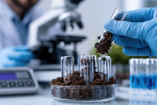 Hands analyzing soil in agricultural lab