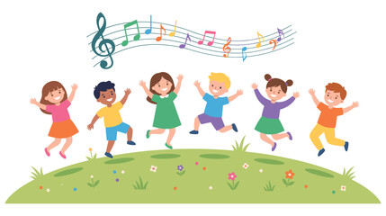 Fototapeta premium Diverse group of happy kids dancing on green grassy hill.