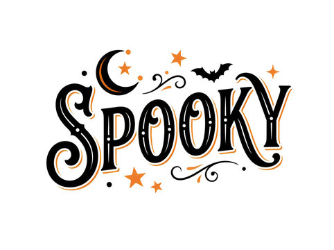 Spooky halloween typography with bat and stars decorative elements illustration