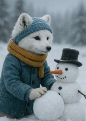 Naklejka premium Adorable fox builds snowman joyfully.