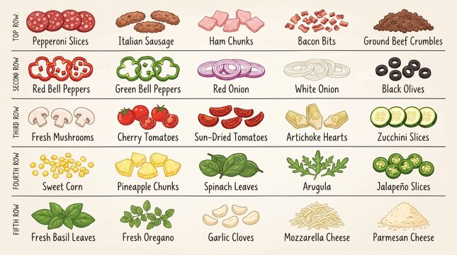 Set of various pizza toppings and ingredients illustration