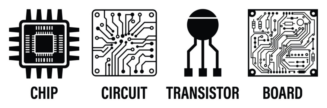 Electronic components set, chip circuit transistor board, technology engineering icons, vector illustration