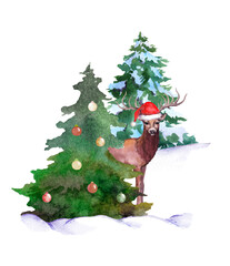 Watercolor reindeer in red cap standing beside decorated evergreen tree, snowy ground and hanging ornaments on white background, for holiday cards and ads. Part of a coordinated matching pattern set. © zzorik