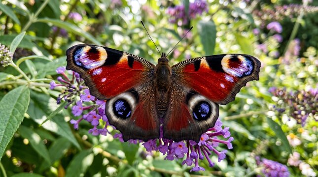 Peacock butterfly on purple butterfly bush flower
