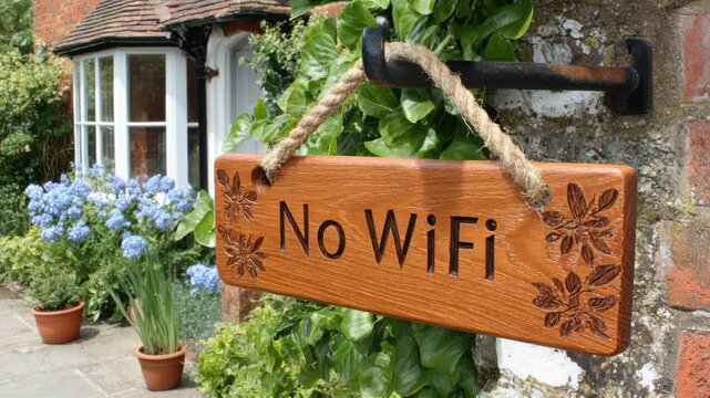 Sign with no WiFi hangs by a door in a garden with flowers during a sunny day