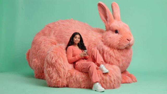 Young woman in peach outfit relaxing with giant plush bunny on teal background
