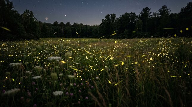 Fireflies glowing in a grassy field at night under a starry sky