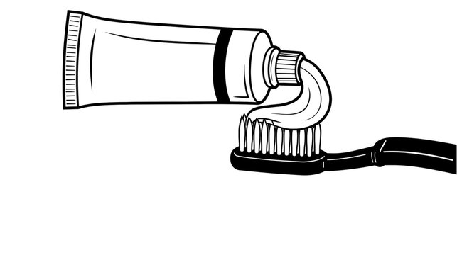 Black and white illustration of toothpaste tube squeezing paste onto a toothbrush isolated on transparent background PNG cutout