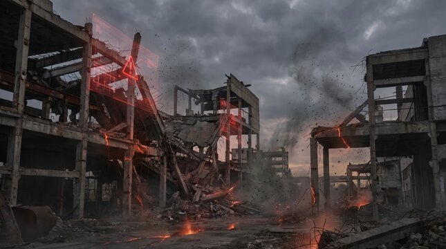 Destroyed industrial concrete building ruins with red holographic warning diagnostics and heat lines for disaster and structural collapse concept.