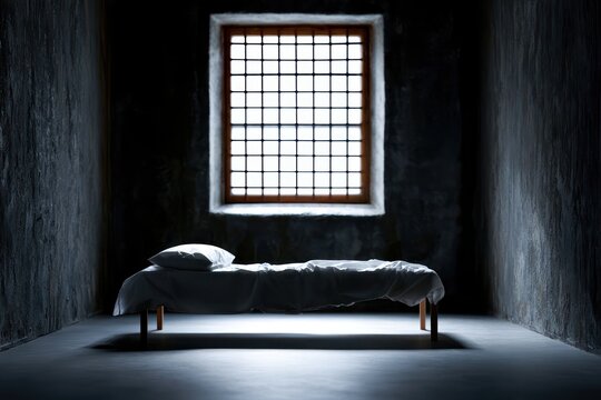 Bleak prison cell interior with bed and bars