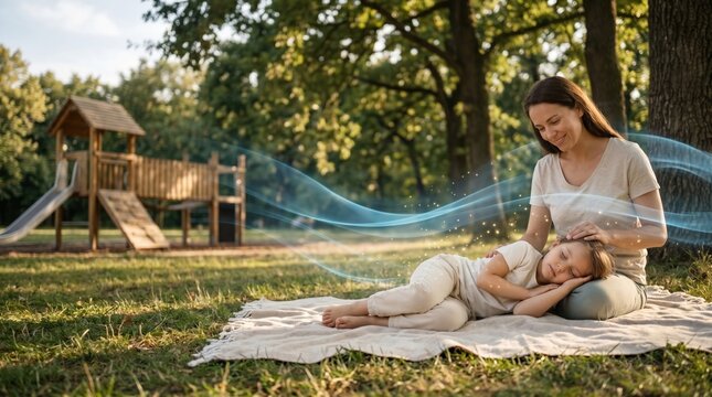 Mother comforting and lulled sleeping child outdoors with glowing blue energy waves for maternal love and care concept.