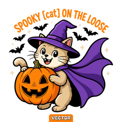 Fototapeta premium Cute cat wizard walking holding jackolantern pumpkin halloween graphic design