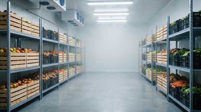 Large industrial cold storage room with fresh fruits and vegetables on shelves for food preservation and logistics concept.