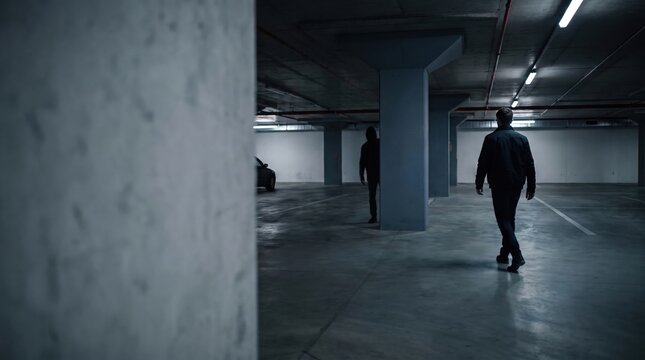 stalking a man in a dark underground parking garage for crime and danger concept.