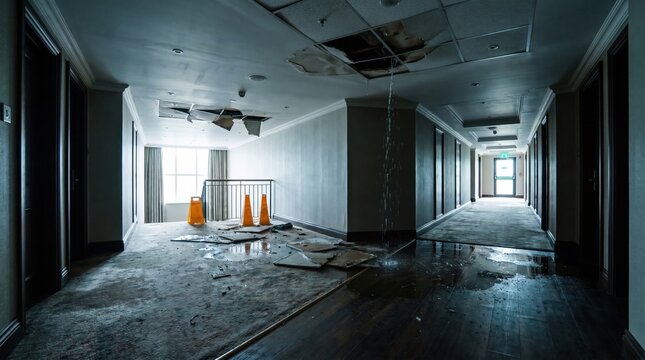 Water leak and damaged ceiling in hotel corridor for structural maintenance and hazard concept.