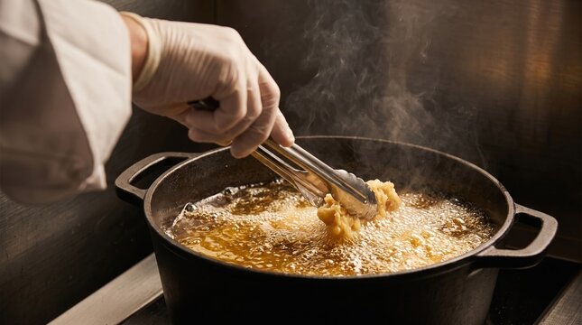 Chef frying food in deep pot with hot boiling oil for cooking and restaurant kitchen concept.