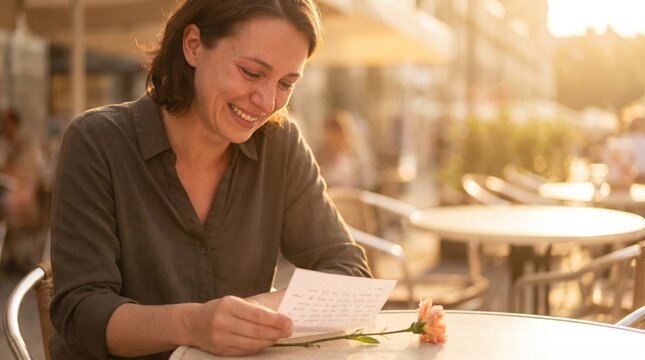 Smiling woman reading love letter outdoors at cafe with flower for romance and nostalgia concept.