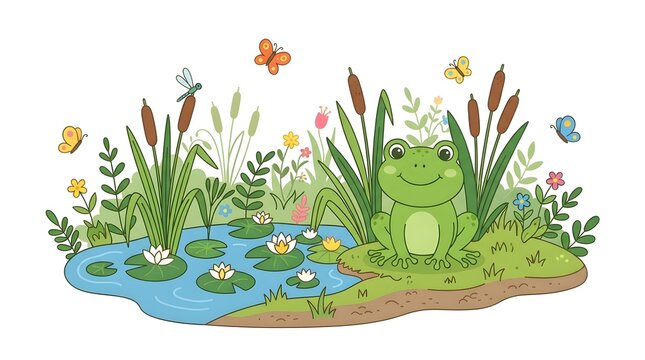 Cute green frog resting near a peaceful pond surrounded by lush green plants, flowers, and natural vegetation.