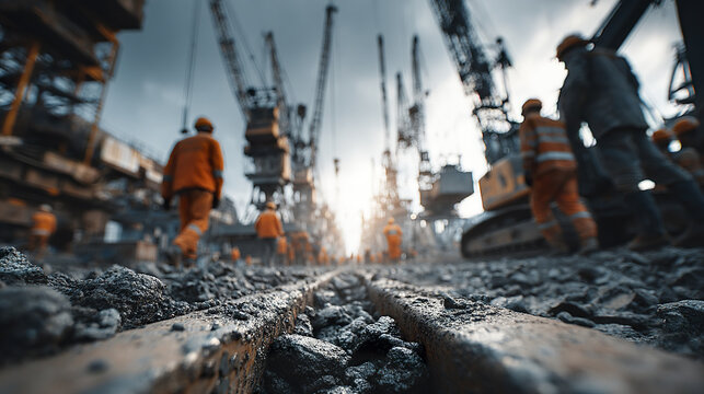 Busy construction site with workers and heavy machinery under cloudy sky
