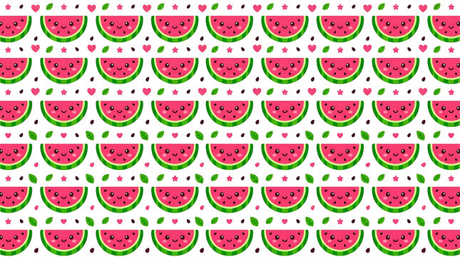 A cute and vibrant seamless pattern featuring cartoon watermelon slices, small green leaves, and tiny pink hearts on a white background.