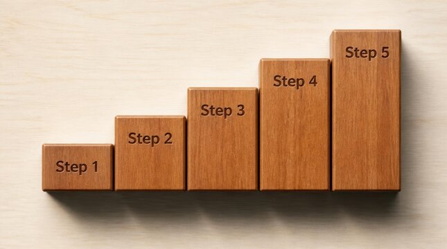 Flat lay of a series of five perfectly formed wooden blocks labeled 'Step' representing educational progression and growth
