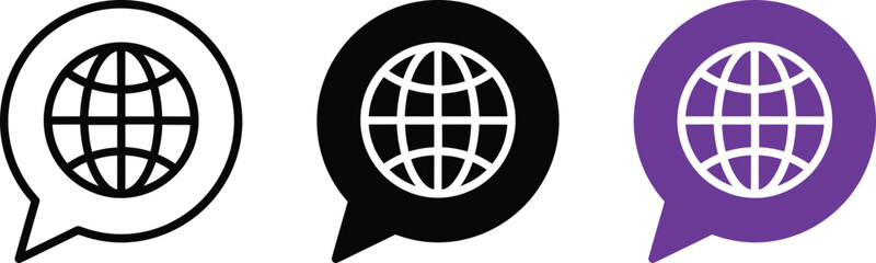Fototapeta premium Global Network Web Communication Icon Set World Map Globe Speech Bubble Vector Illustration Collection