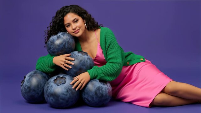 Woman in pink dress and green cardigan cuddling giant blueberries