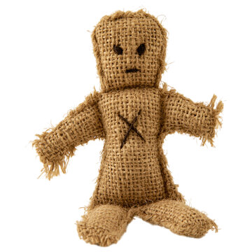 Burlap voodoo doll figure with x on chest isolated on transparent background png cutout