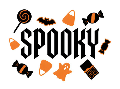 Spooky halloween candy and treat icons with ghostly black text illustration