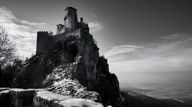 Ancient castle commands a snowy peak timeless grandeur echoes across the distant valley landscape