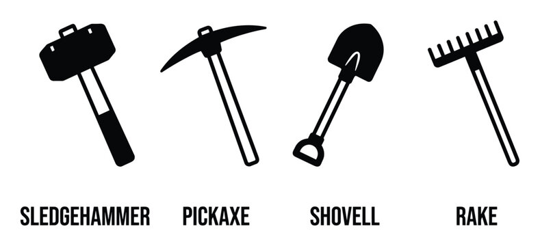 Construction tools set, black white outline, web app icon, vector illustration