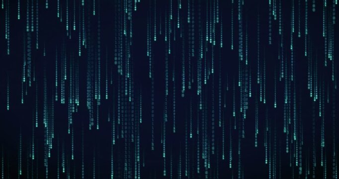 Binary code streams cascade down in a violet-hued matrix rain animation, creating a deep tunnel effect.