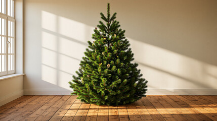Fototapeta premium Bright and fresh Christmas tree stands tall in a sunlit room waiting for decorations Generative AI