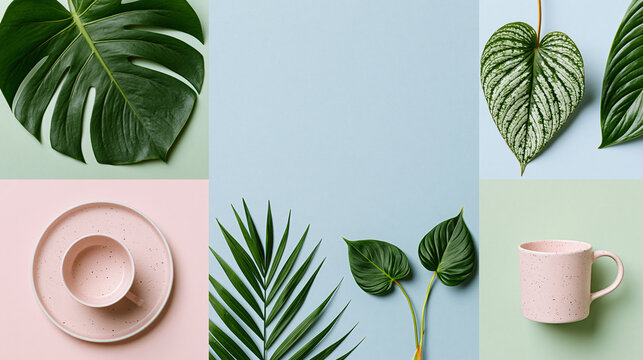 Modern tropical oasis featuring lush leaves and stylish tableware in a stunning color palette Generative AI