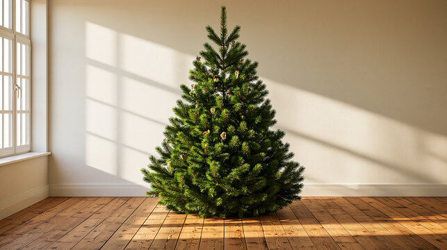 Bright and fresh Christmas tree stands tall in a sunlit room waiting for decorations Generative AI