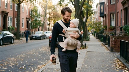 Obraz premium Young father walking with infant in a carrier on a city street in autumn