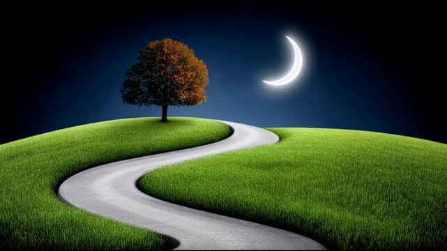 Curved road with a single tree under the crescent moon at night