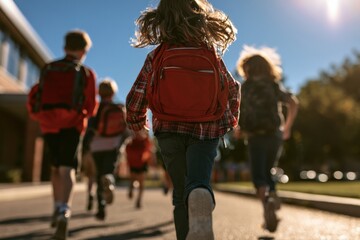 Naklejka premium Children with red backpacks running to school for back to school education concept
