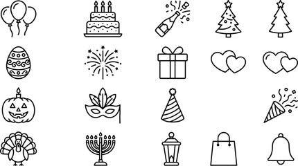 Fototapeta premium Holiday and Celebration Line Art Icon Set with Birthday, Christmas, Halloween, and New Year Festive Event Graphic Design Elements