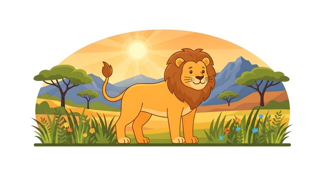 Majestic lion standing in a colorful African savanna landscape surrounded by grass, trees, and warm natural scenery.