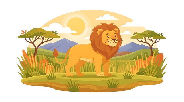 Majestic lion standing proudly in an African savanna surrounded by golden grass, trees, and a warm sunset landscape.