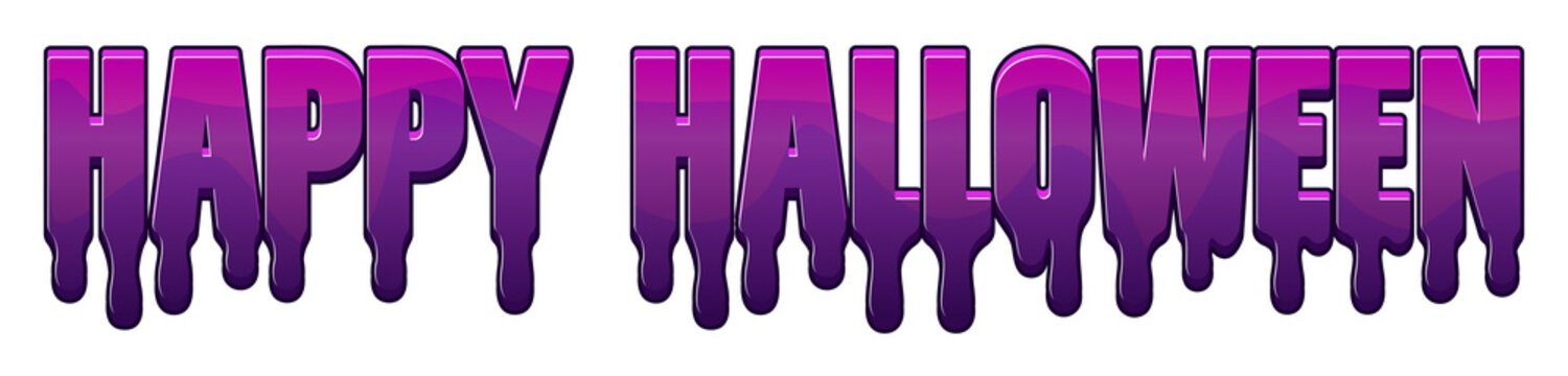 Happy Halloween text sticker with melting slime effect in purple on transparent background