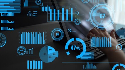 Futuristic data visualization concept showcasing a laptop keyboard surrounded by various charts and...